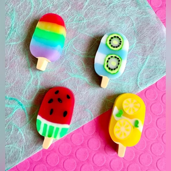 New Spring Summer Fun Lemon Watermelon Kiwi Fruit Popsicle Erasers Set of 4 - Picture 1 of 5